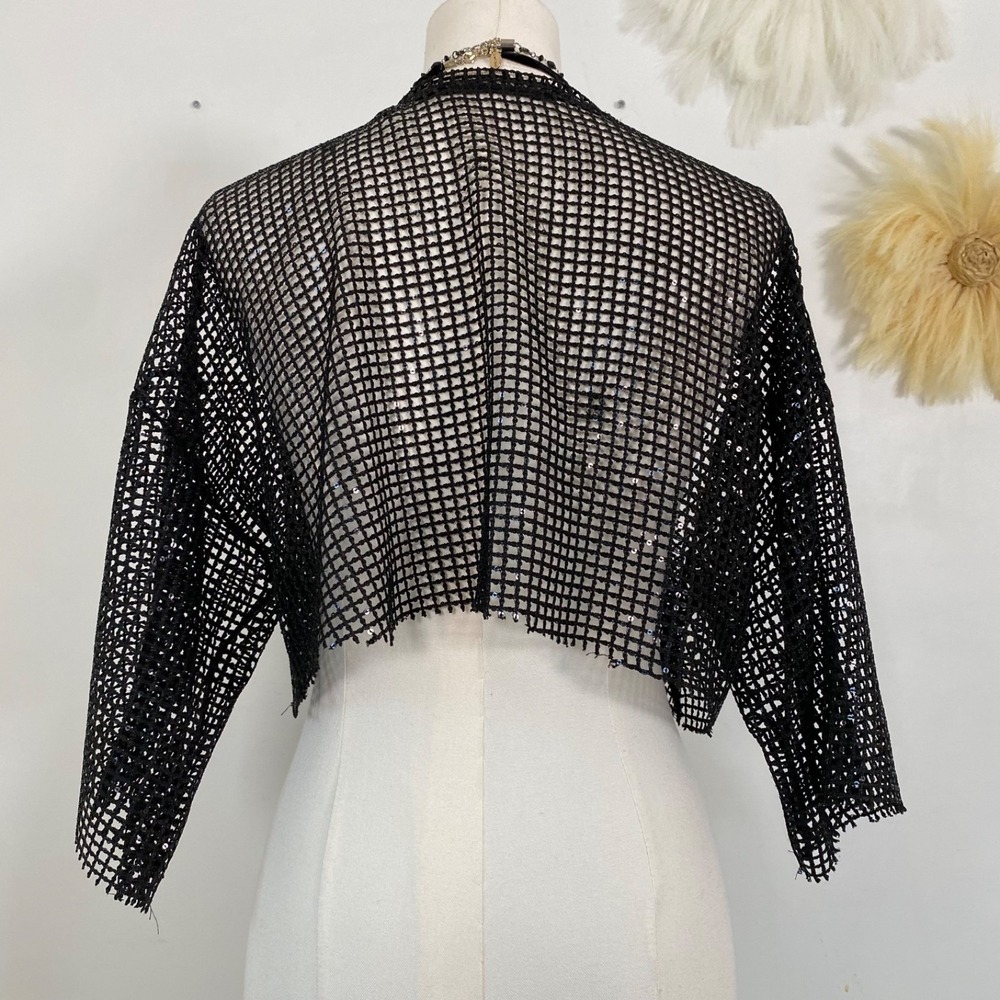 Womens Sequin Mesh Open Knit Cropped Top Size M/L Rave Whimsigoth Grunge Black - Picture 4 of 7